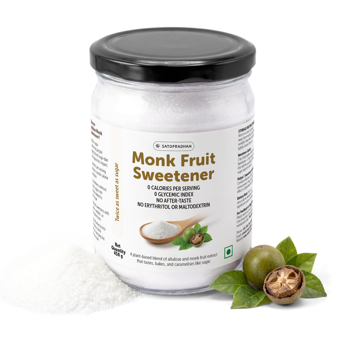 Satopradhan Monk Fruit Sweetener in a 450g jar with a black lid, featuring monk fruit extract and a spoonful of sweetener on a white background.
