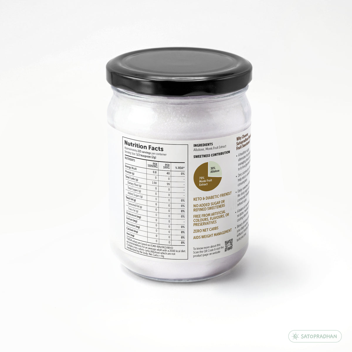 Side view of the Satopradhan Monk Fruit Sweetener jar showing product packaging, storage instructions, sweetness guidance, manufacturer information, and net weight.
