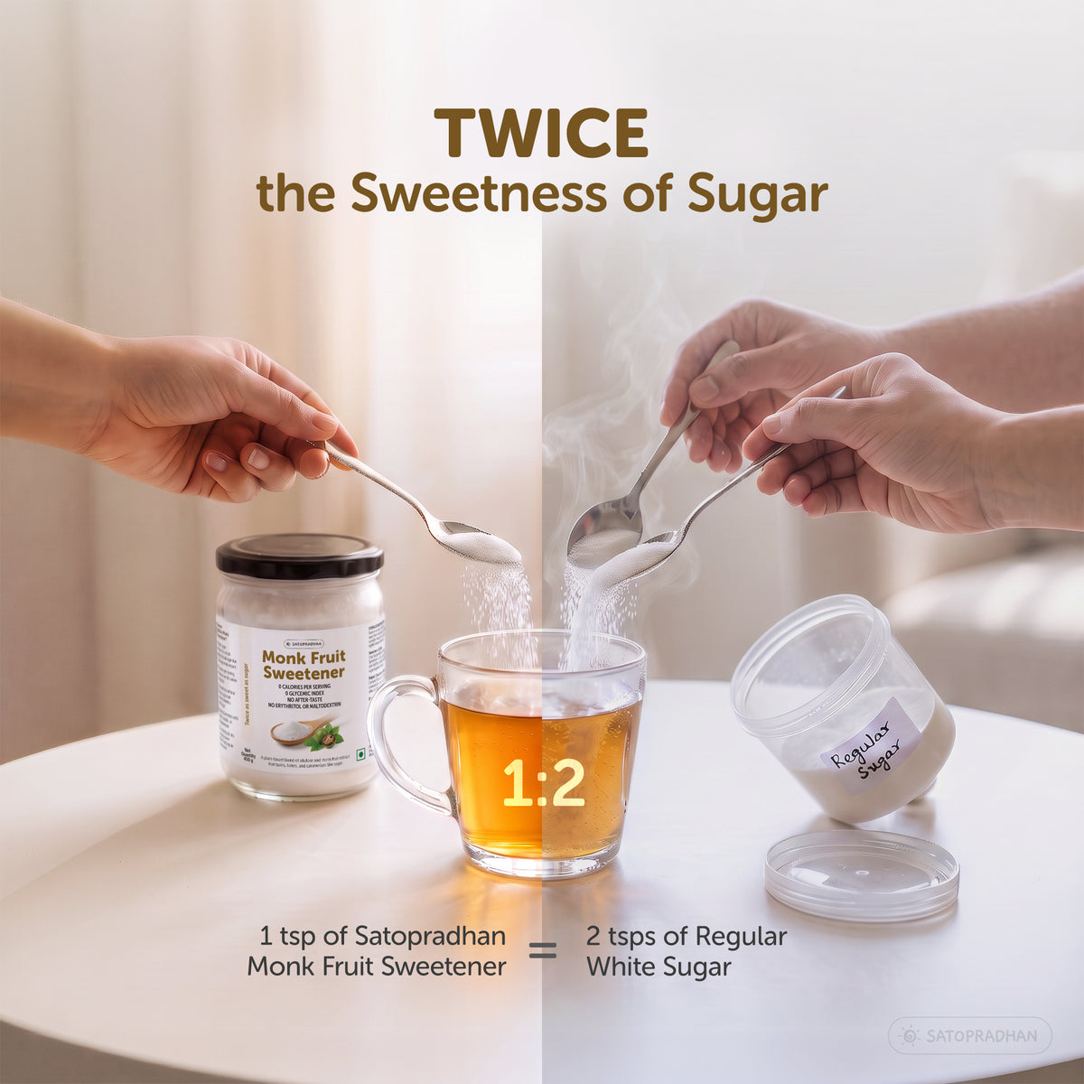 Satopradhan Monk Fruit Sweetener conversion guide showing that 1 teaspoon of sweetener provides sweetness equivalent to 2 teaspoons of regular white sugar.