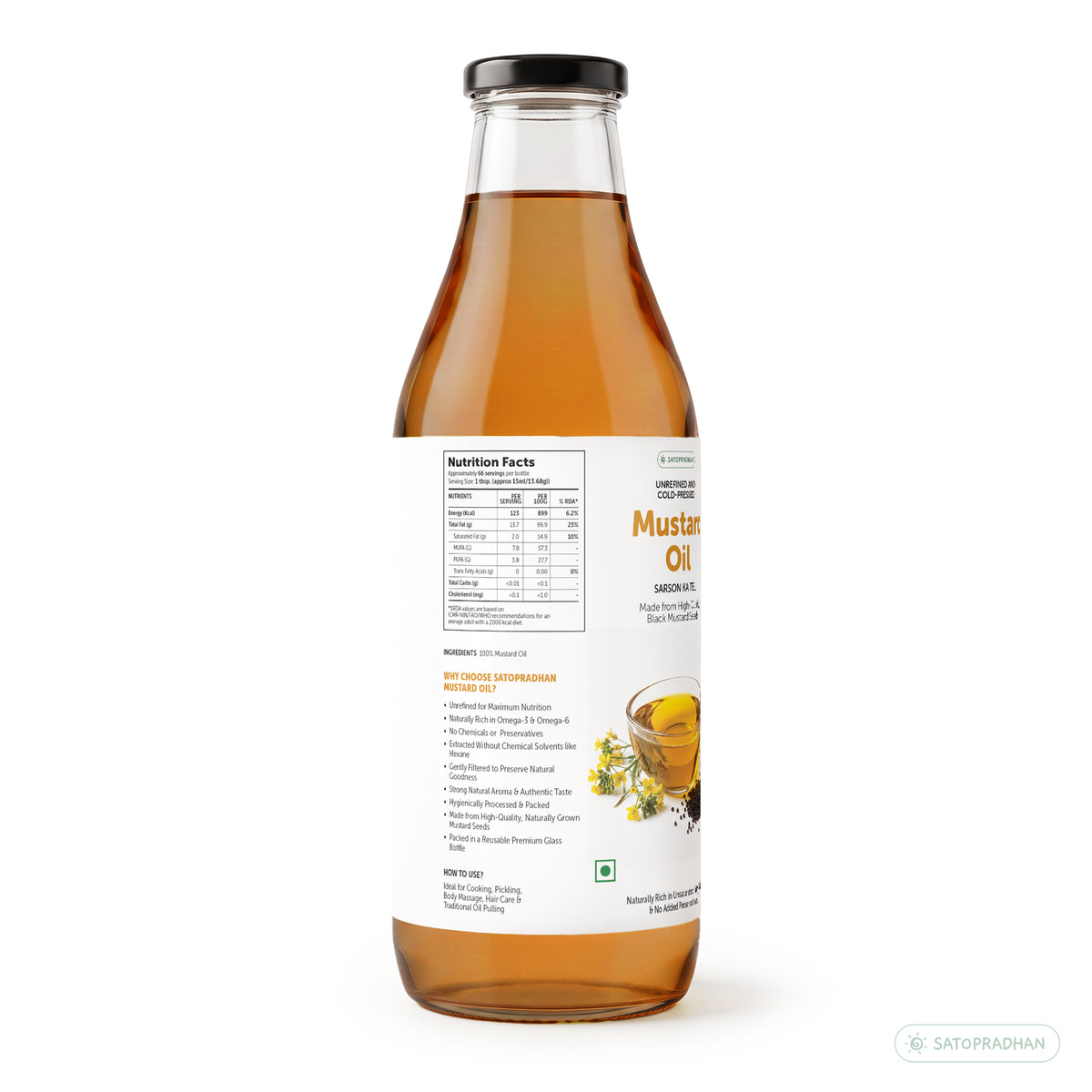 Left-side label of Satopradhan mustard oil bottle featuring nutrition facts, ingredients, product benefits, usage suggestions, and mustard oil imagery.