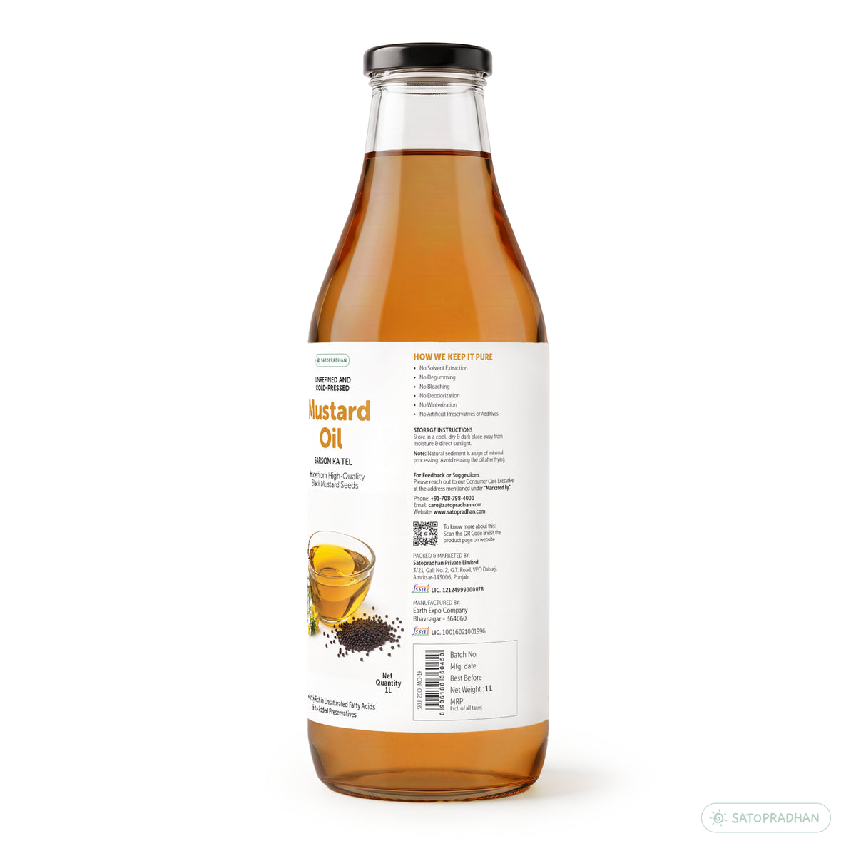 Right-side label of Satopradhan cold-pressed mustard oil bottle displaying purity and processing information, storage instructions, manufacturer details, QR code, and barcode.