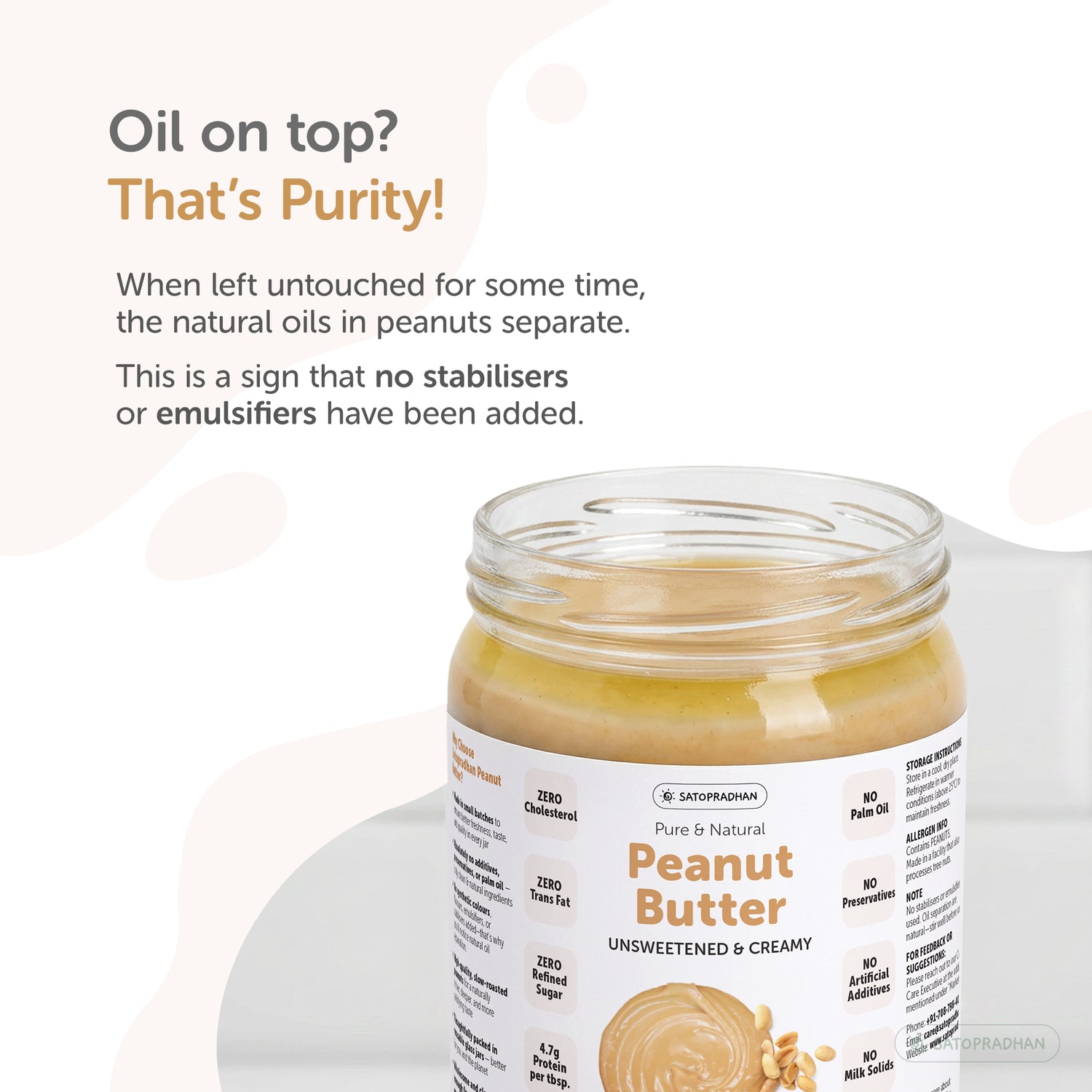 Satopradhan natural peanut butter showing oil separation, a normal occurrence in peanut butter made without stabilizers or emulsifiers.