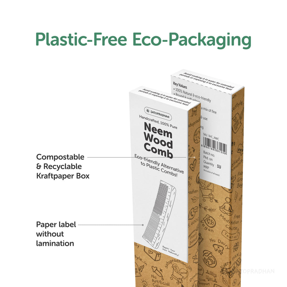 Satopradhan neem wood comb in plastic-free kraft paper packaging with an unlaminated paper label and recyclable, compostable cardboard box.