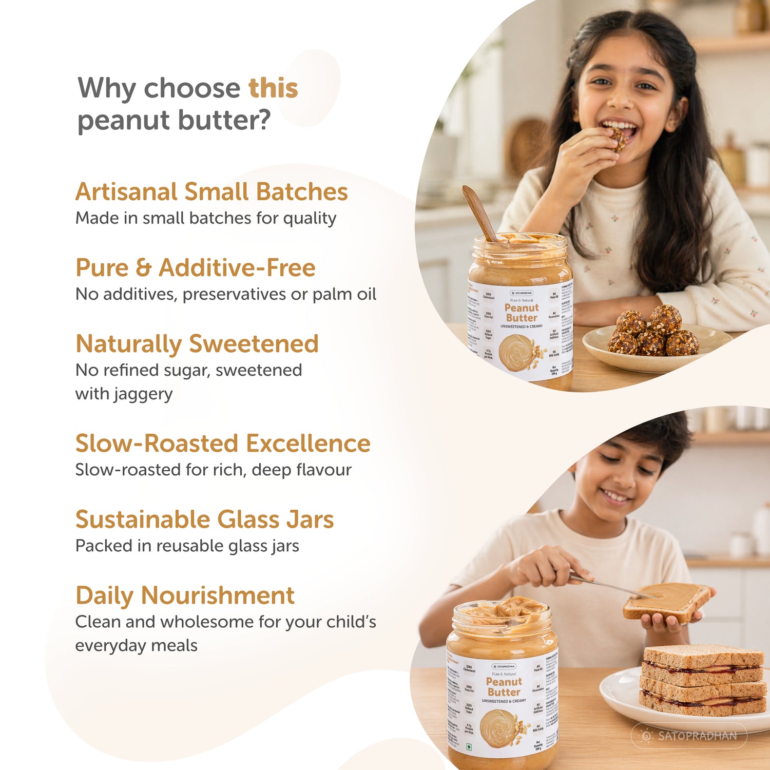Satopradhan peanut butter for everyday family meals, featuring children enjoying peanut butter snacks and sandwiches.