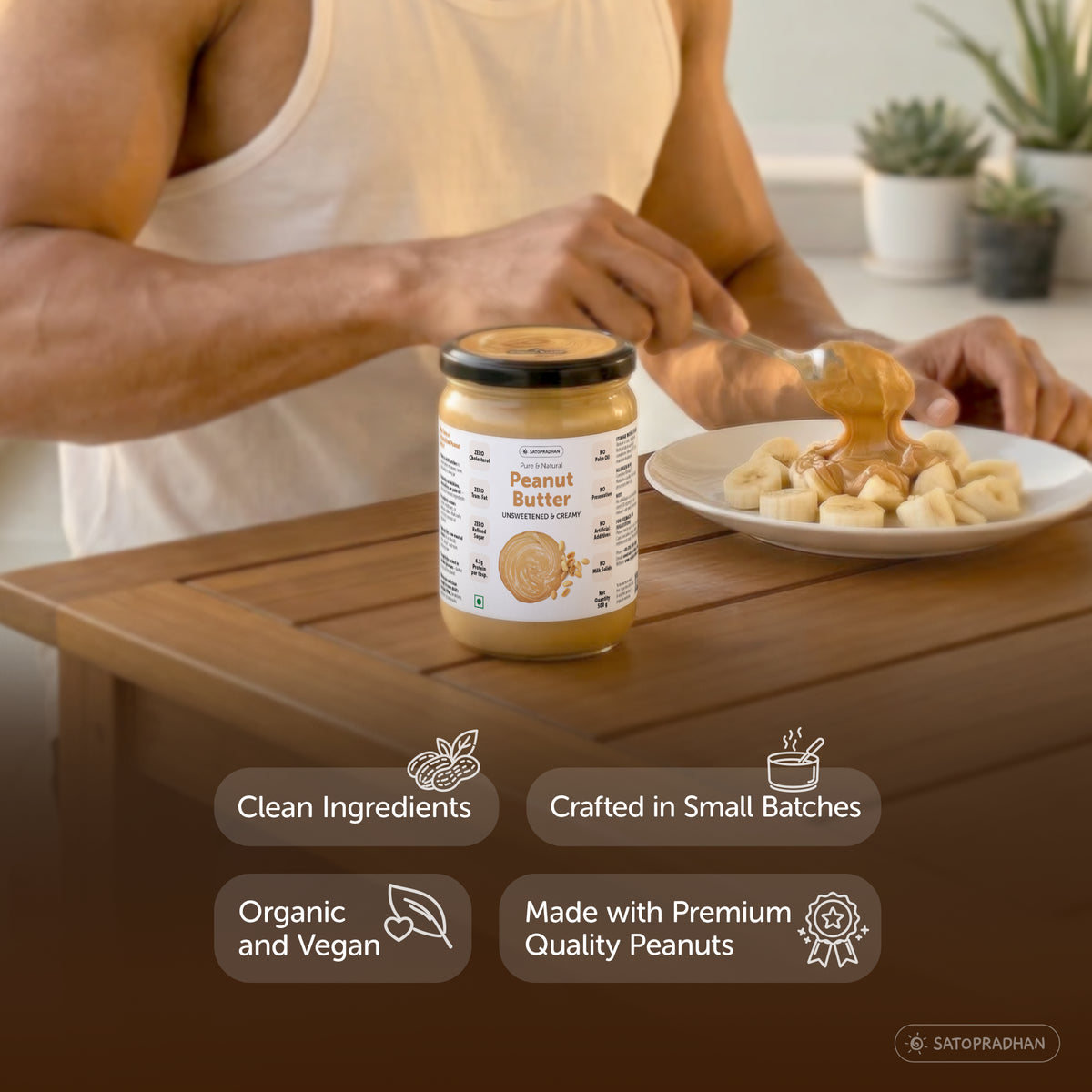 Satopradhan peanut butter with clean ingredients, small-batch preparation, vegan formulation and premium-quality peanuts.