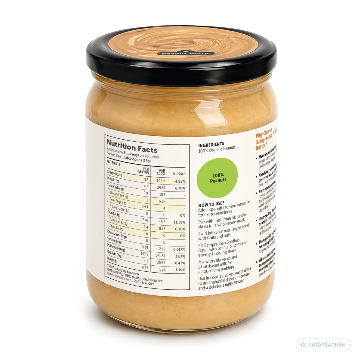 Back label of Satopradhan peanut butter showing nutrition facts, 100% organic peanut ingredients and serving suggestions.