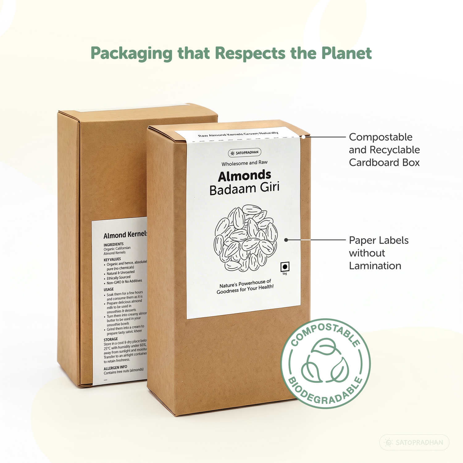 Satopradhan raw almonds Badaam Giri in kraft cardboard boxes featuring almond illustrations, paper labels without lamination, and compostable and recyclable packaging.