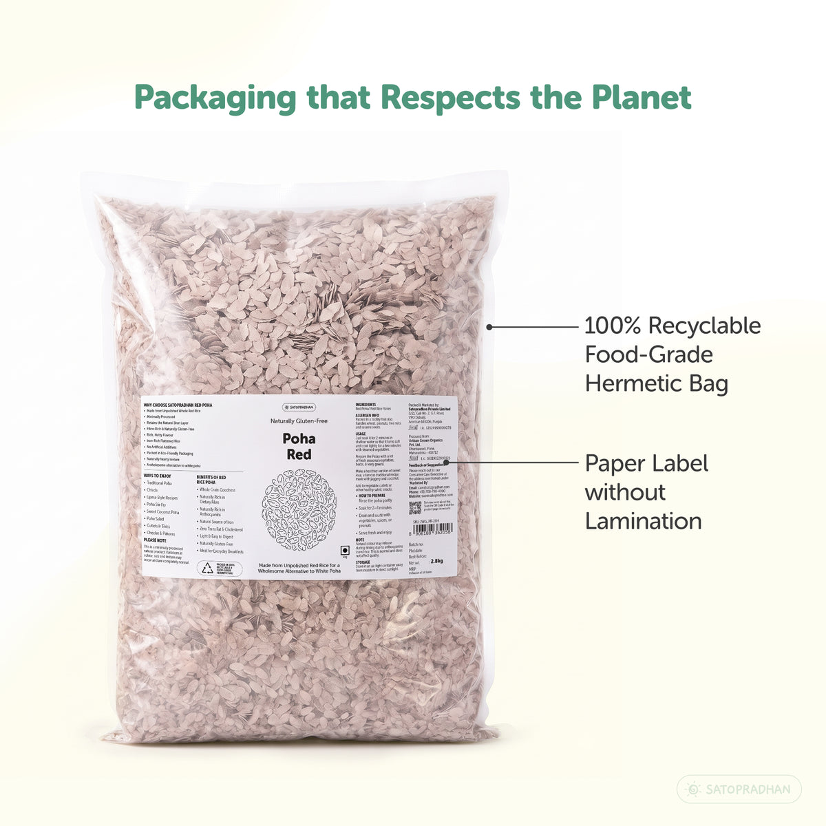 Satopradhan Red Poha in a 100% recyclable, food-grade hermetic bag with an unlaminated paper label, showcasing eco-conscious packaging for Indian red rice flakes.