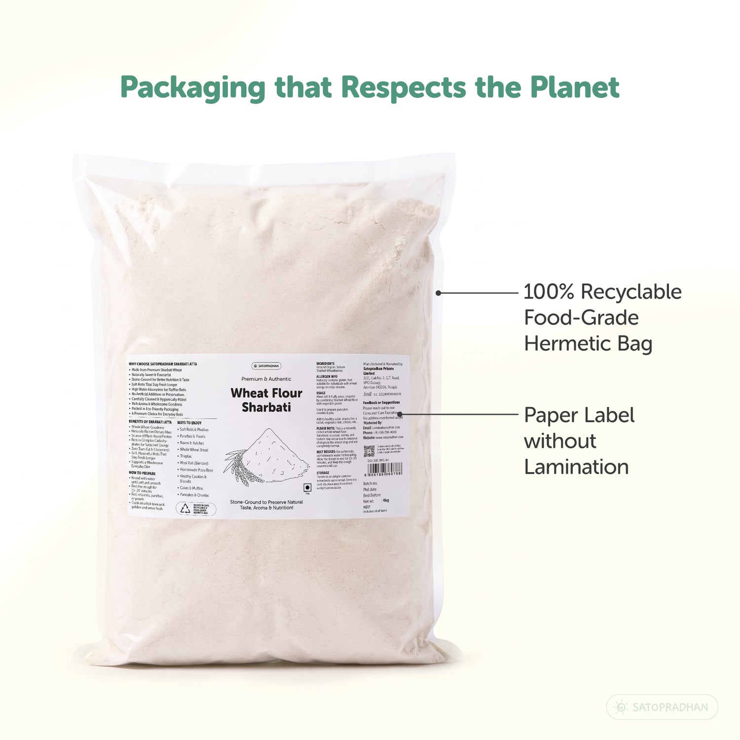 Satopradhan Sharbati Wheat Flour in a 100% recyclable, food-grade hermetic bag with an unlaminated paper label, showcasing eco-conscious packaging for stone-ground Indian wheat flour.