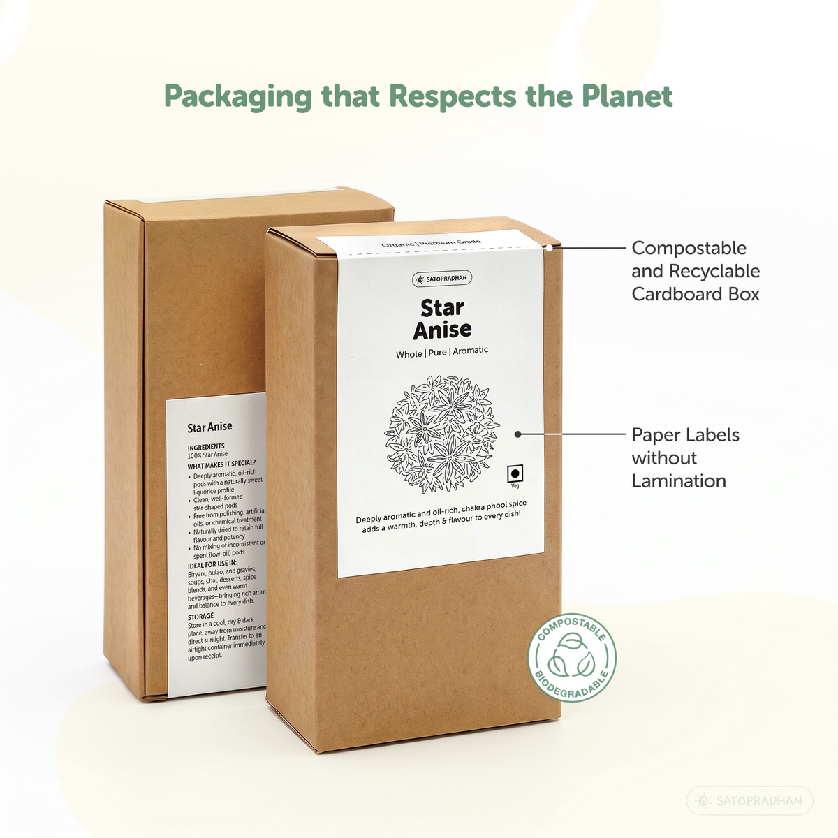 Satopradhan whole star anise spice in a kraft cardboard box featuring an unlaminated paper label and compostable, recyclable packaging.