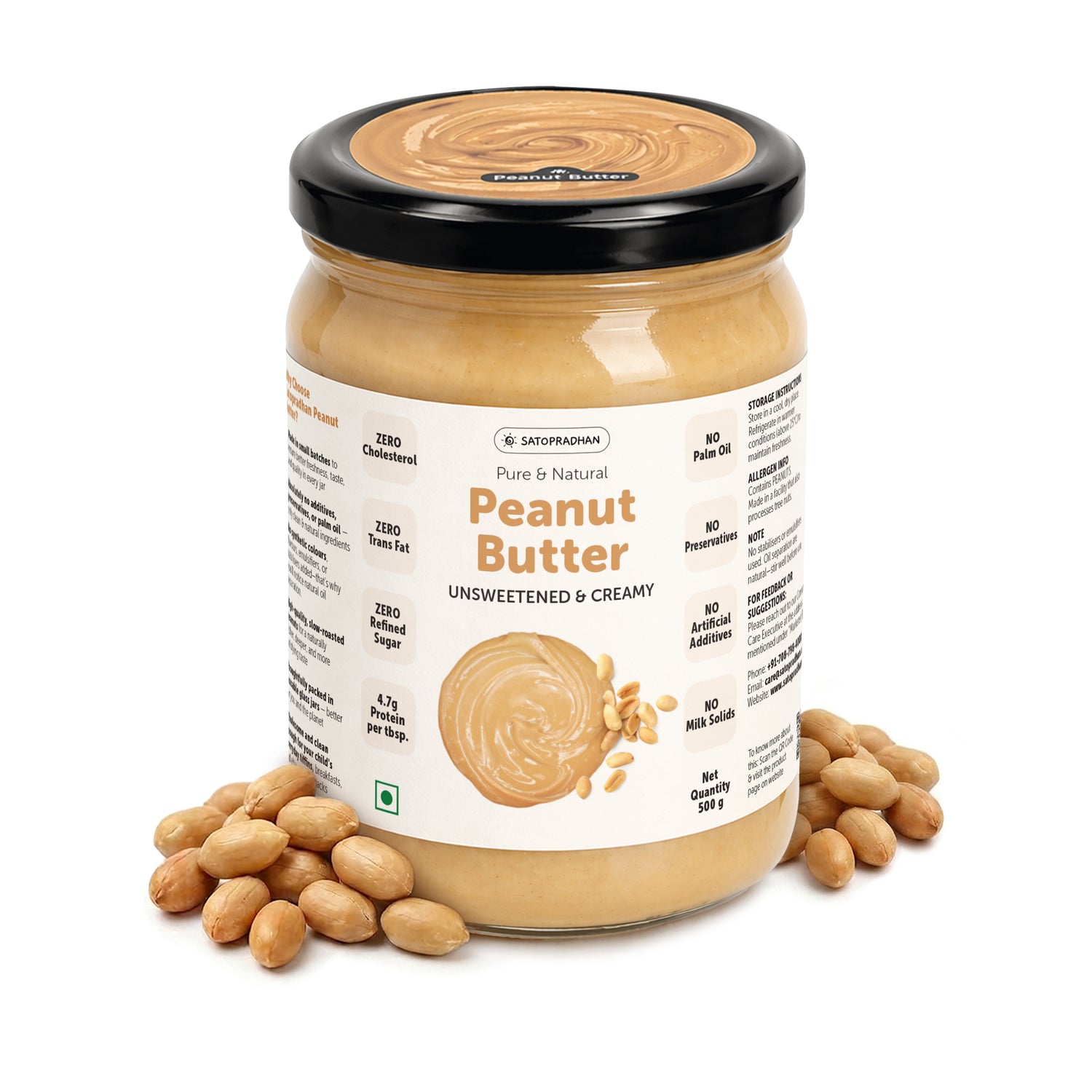 Satopradhan unsweetened creamy peanut butter in a glass jar with black lid and natural peanuts on a white background.