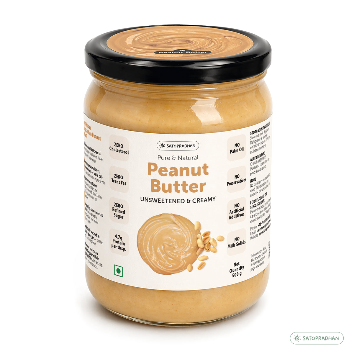 Front view of Satopradhan unsweetened creamy peanut butter in a 500 g glass jar with a black lid and product label.