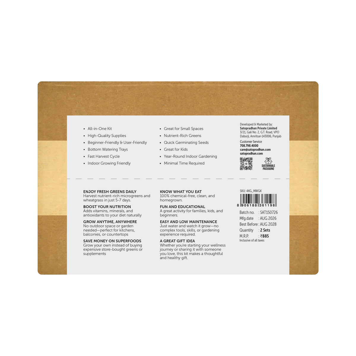 Back label of the Satopradhan Microgreens and Wheatgrass Growing Kit kraft box showing product features, growing benefits, packaging details, and product information.
