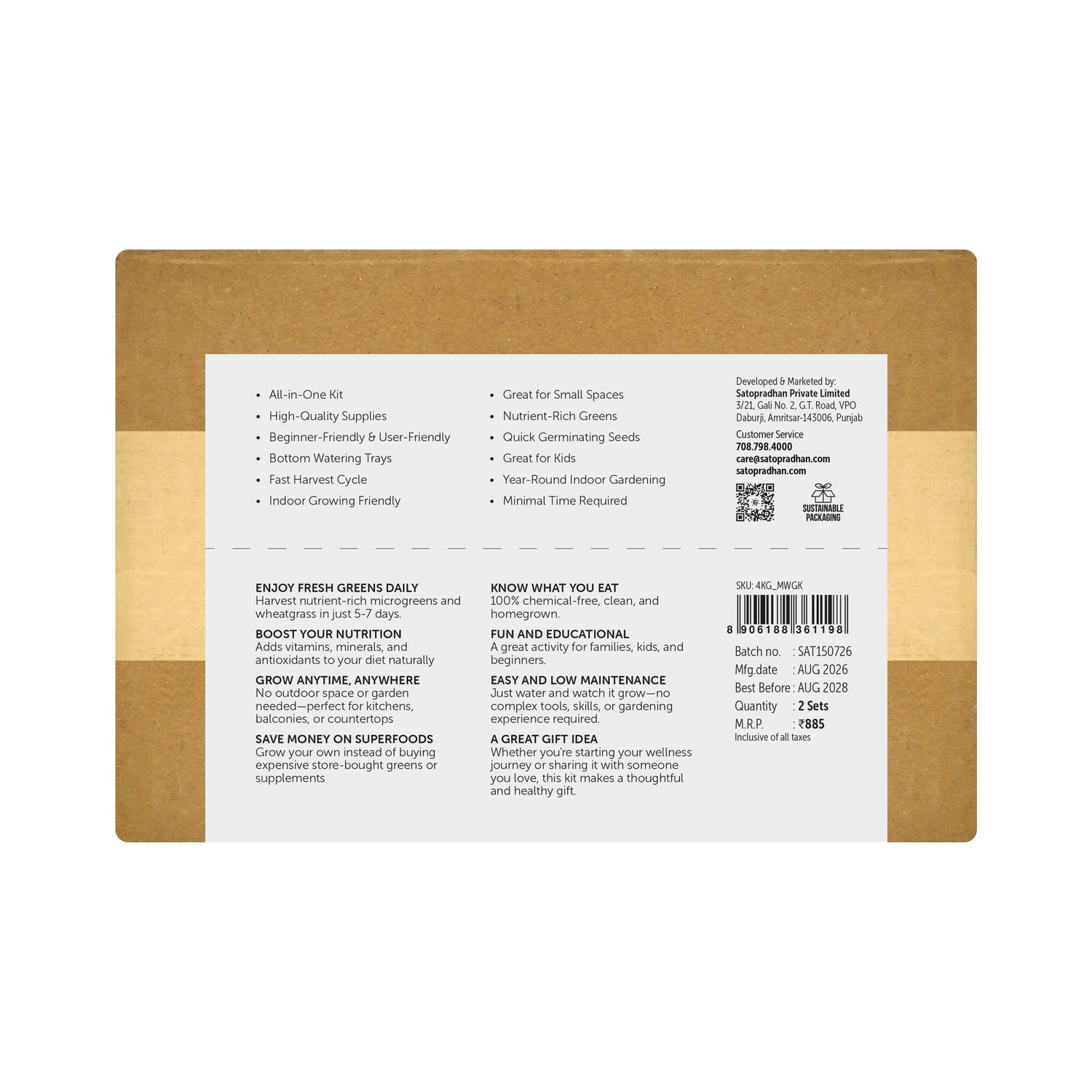 Back label of the Satopradhan Microgreens and Wheatgrass Growing Kit kraft box showing product features, growing benefits, packaging details, and product information.