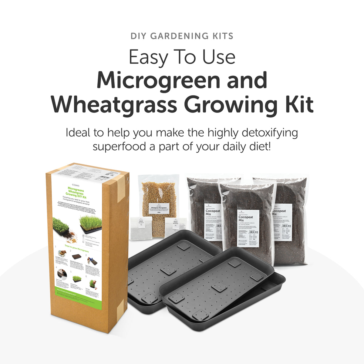 Satopradhan Microgreens and Wheatgrass Growing Kit with kraft packaging, wheatgrass seedlings, seeds, cocopeat mix, and reusable growing trays.