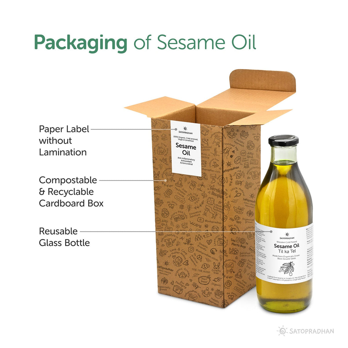 Sesame/Gingelly Oil 1000ml in reusable glass bottle - Pure & Wooden Cold-pressed without Chemicals - Extracted from Black Sesame Seeds | Meetha Tel - Satopradhan