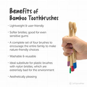 Toothbrushes - Set of 4 with Bamboo Handles & Biodegradable Bristles - Colored markings for easier identification