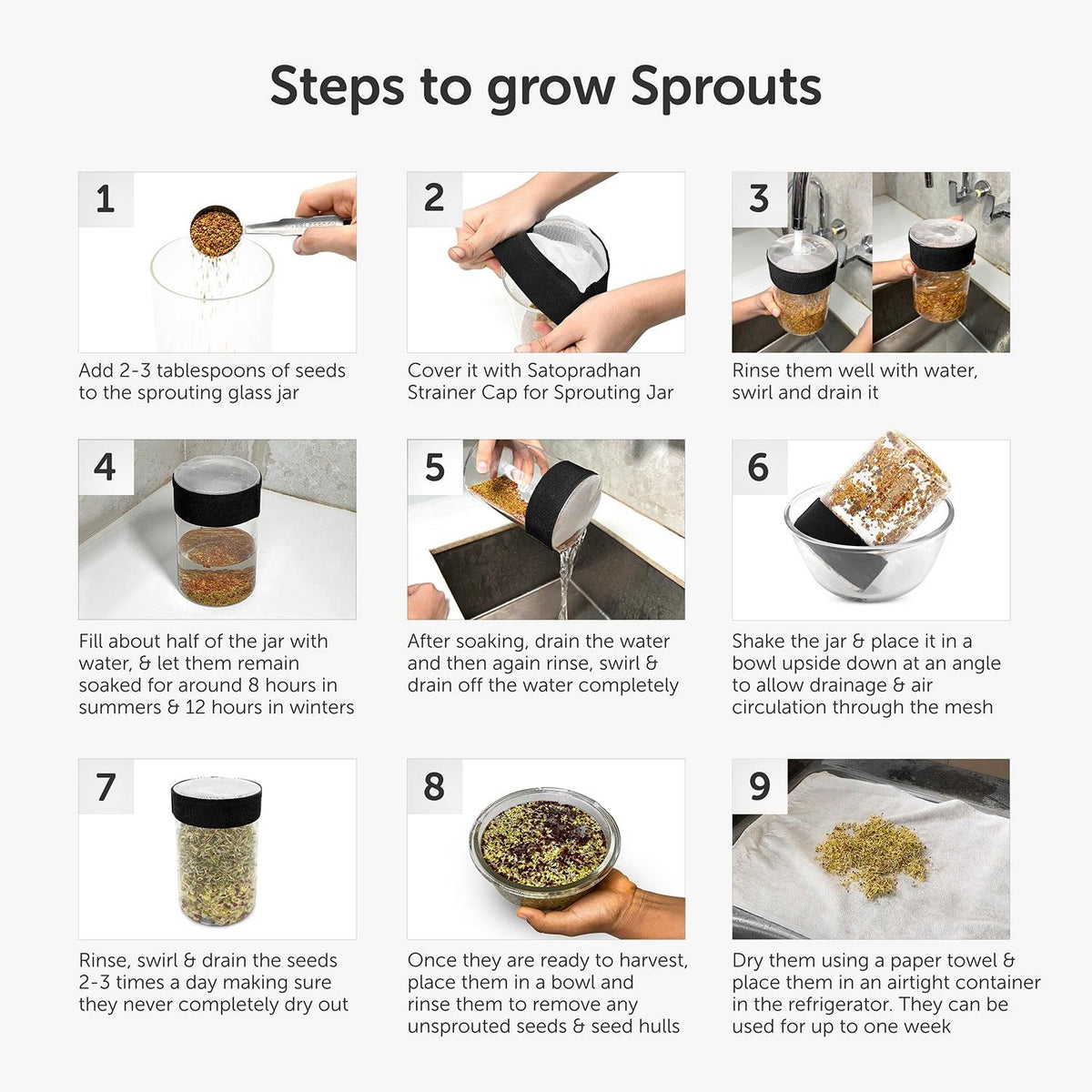 How to Grow Steps Sprouting Jar Kit - Unique Strainer Cap and Seed Mix Pack - Thoughtfully Designed & Easy to Use DIY Growing Kit