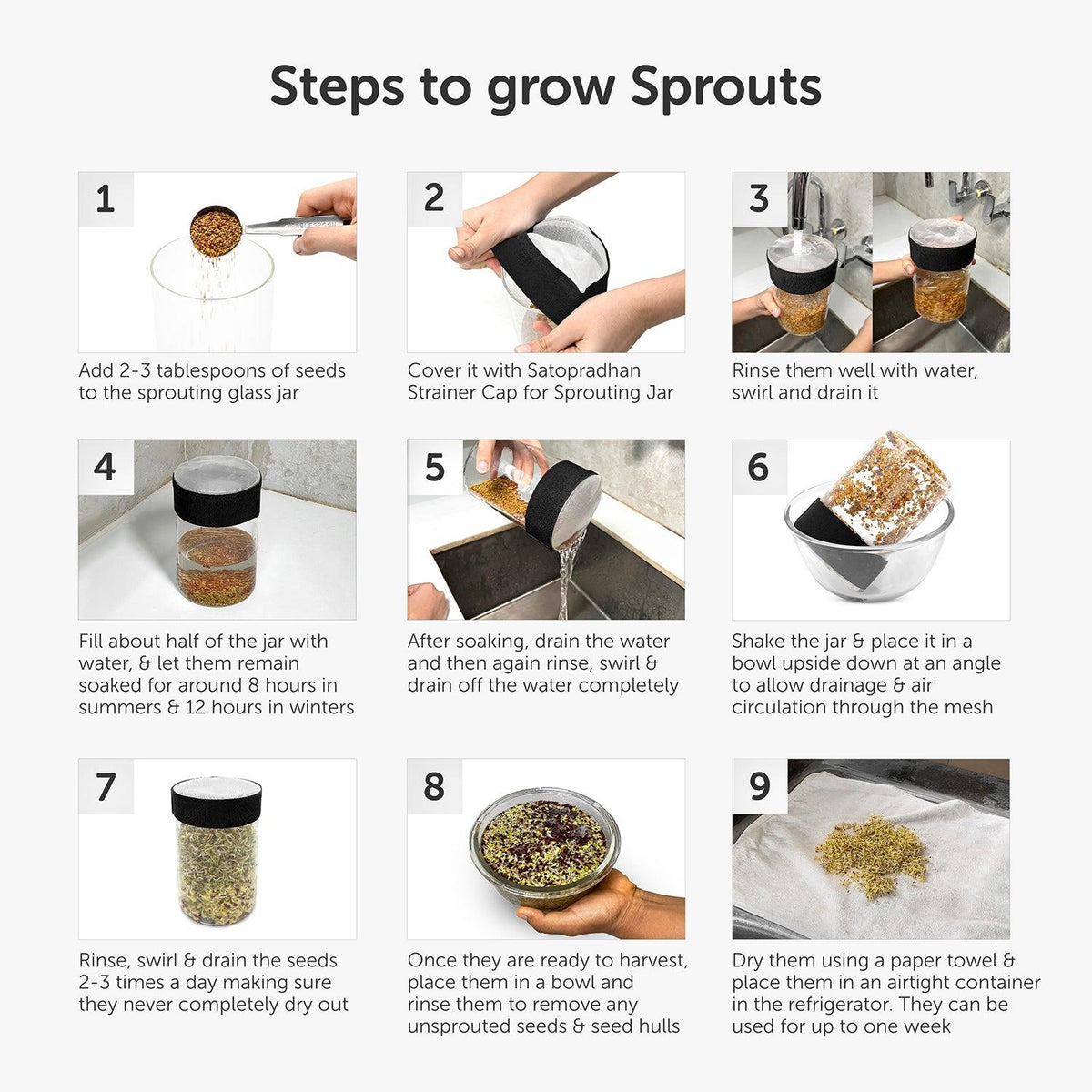 Step-by-step sprouting process using a sprouting jar kit: Adding sprouting seeds to the glass jar, rinsing with water using the strainer cap, draining excess water for proper ventilation, placing the jar at an angle for optimal sprouting, monitoring seed germination, observing sprout growth over a few days, rinsing and draining fully grown sprouts, and finally harvesting fresh, homegrown sprouts ready to eat or store.