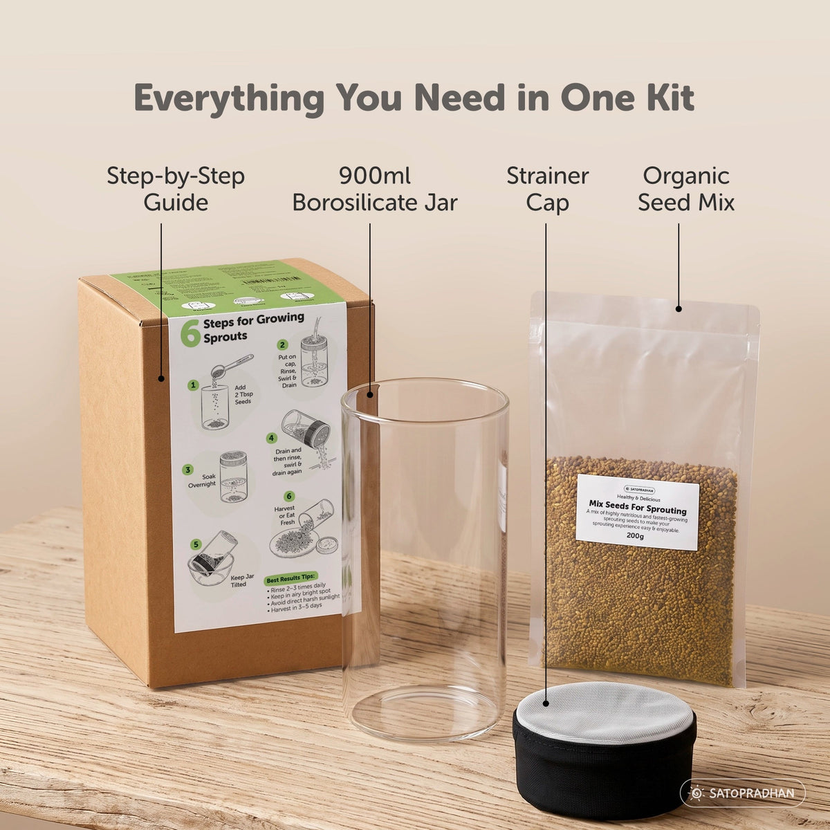 Sprouting Jar Kit - Unique Strainer Cap and Seed Mix Pack - Thoughtfully Designed & Easy to Use DIY Growing Kit - Satopradhan