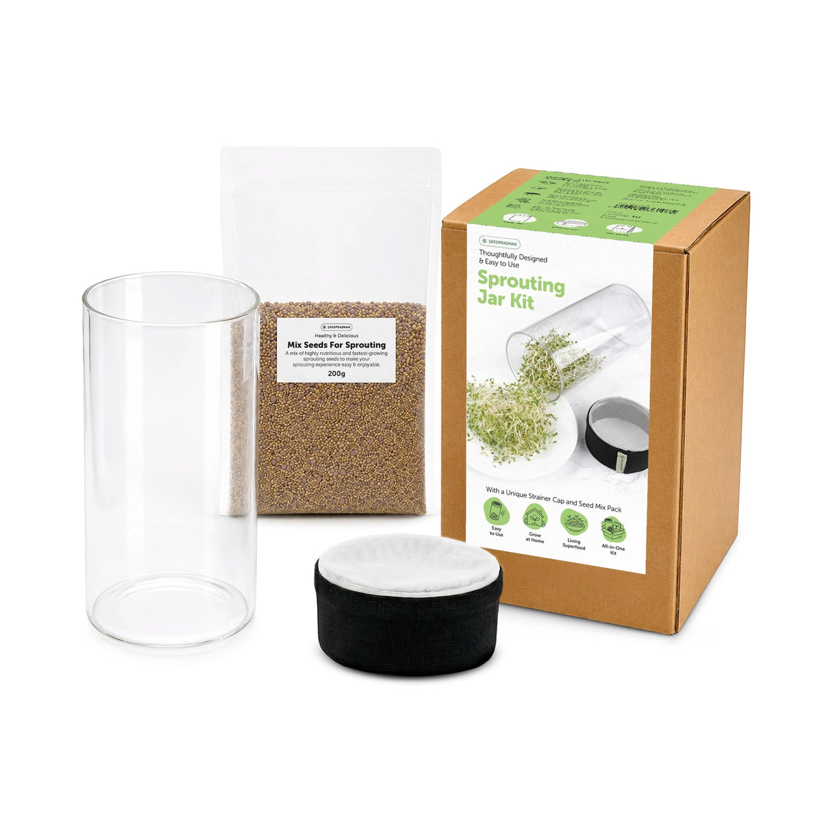 Sprouting Jar Kit - Unique Strainer Cap and Seed Mix Pack - Thoughtfully Designed & Easy to Use DIY Growing Kit - Satopradhan