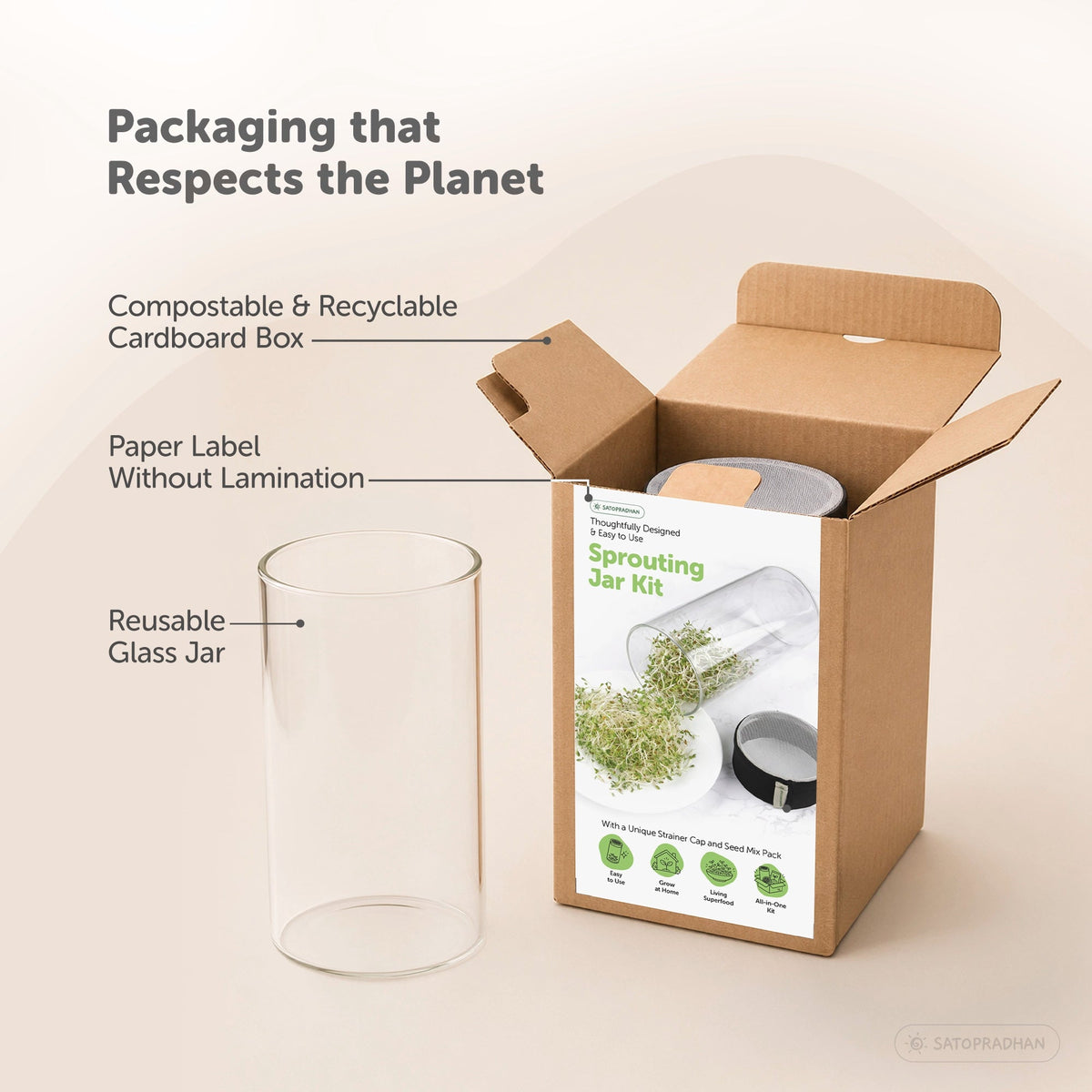 Sprouting Jar Kit - Unique Strainer Cap and Seed Mix Pack - Thoughtfully Designed & Easy to Use DIY Growing Kit - Satopradhan