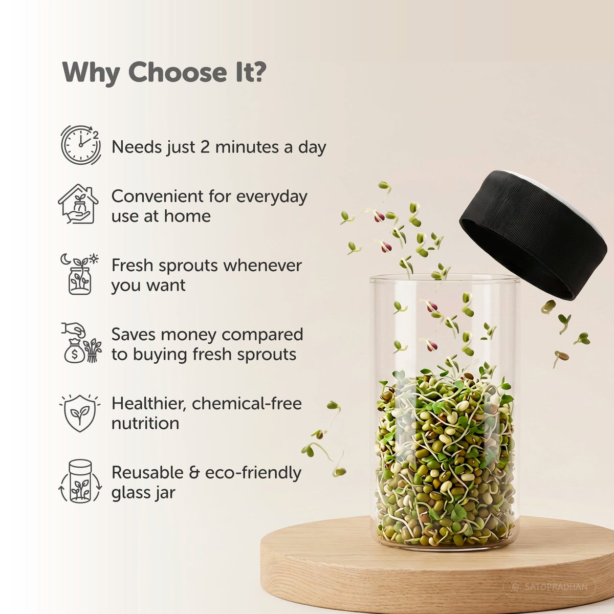 Sprouting Jar Kit - Unique Strainer Cap and Seed Mix Pack - Thoughtfully Designed & Easy to Use DIY Growing Kit - Satopradhan