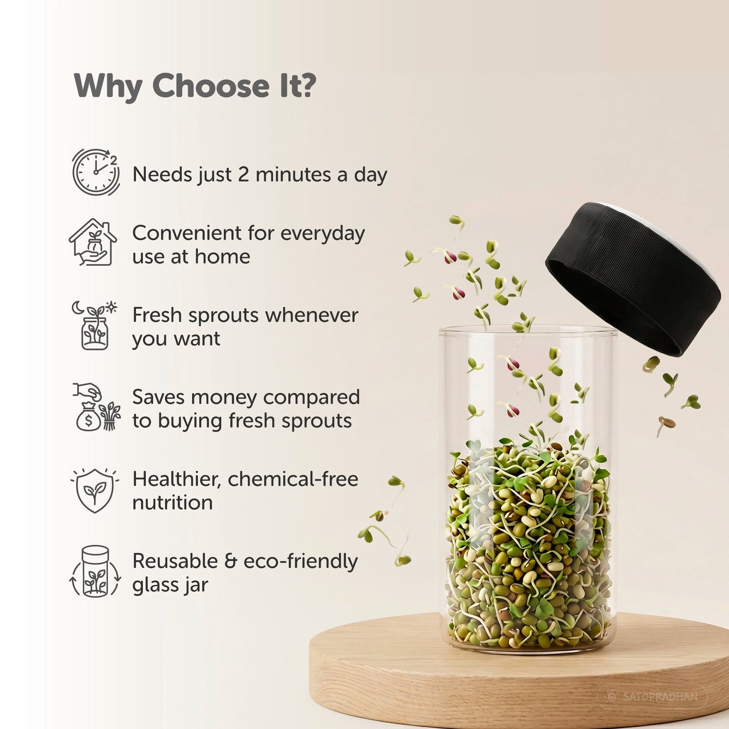 Sprouting Jar Kit - Unique Strainer Cap and Seed Mix Pack - Thoughtfully Designed & Easy to Use DIY Growing Kit - Satopradhan