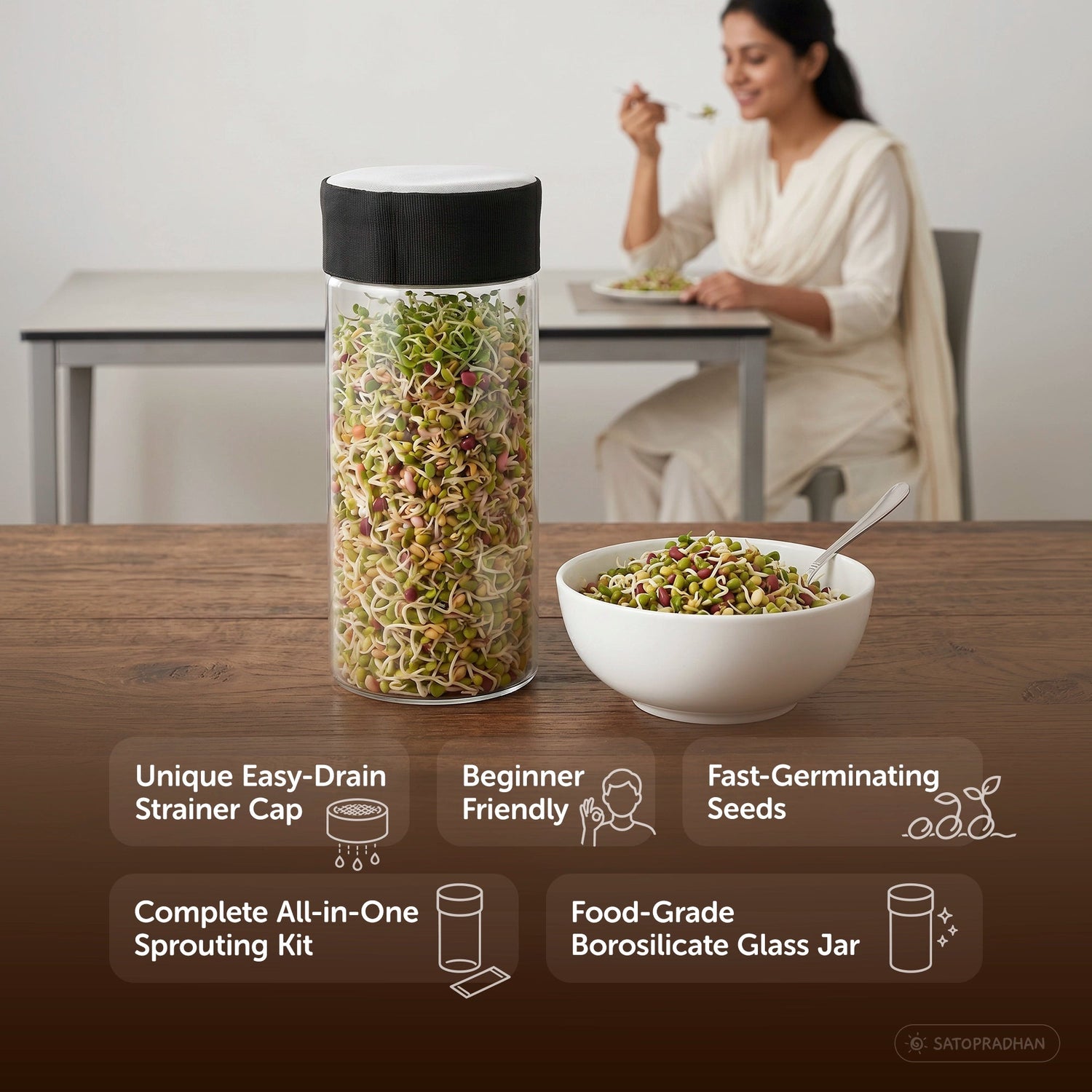 Sprouting Jar Kit - Unique Strainer Cap and Seed Mix Pack - Thoughtfully Designed & Easy to Use DIY Growing Kit - Satopradhan