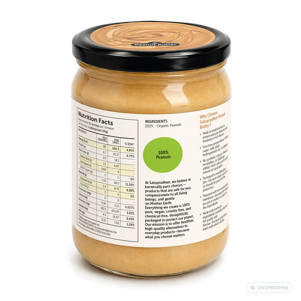 Sugar Free Plain Peanut Butter 500g – Creamy - Unsweetened - 100% Peanuts - Satopradhan