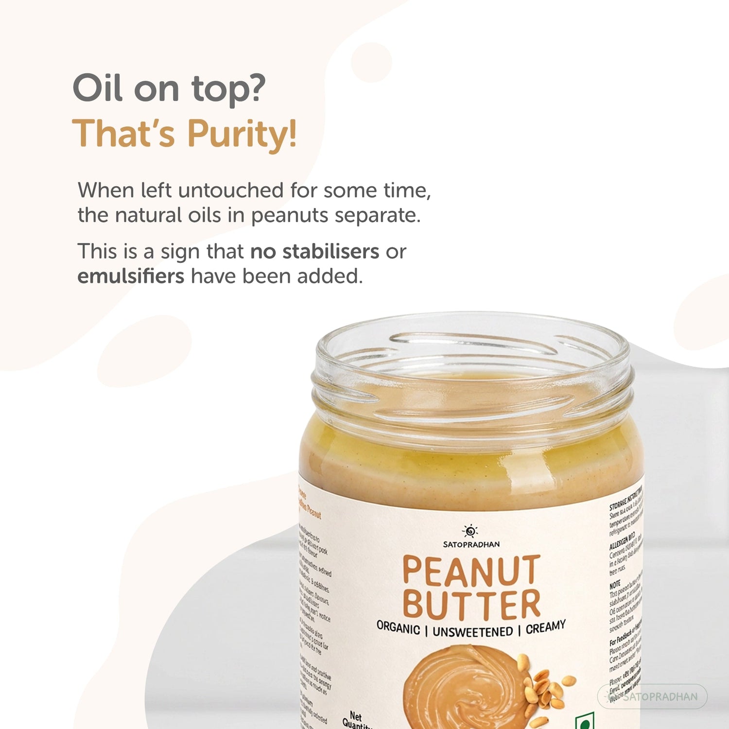 Sugar Free Plain Peanut Butter 500g – Creamy - Unsweetened - 100% Peanuts - Satopradhan