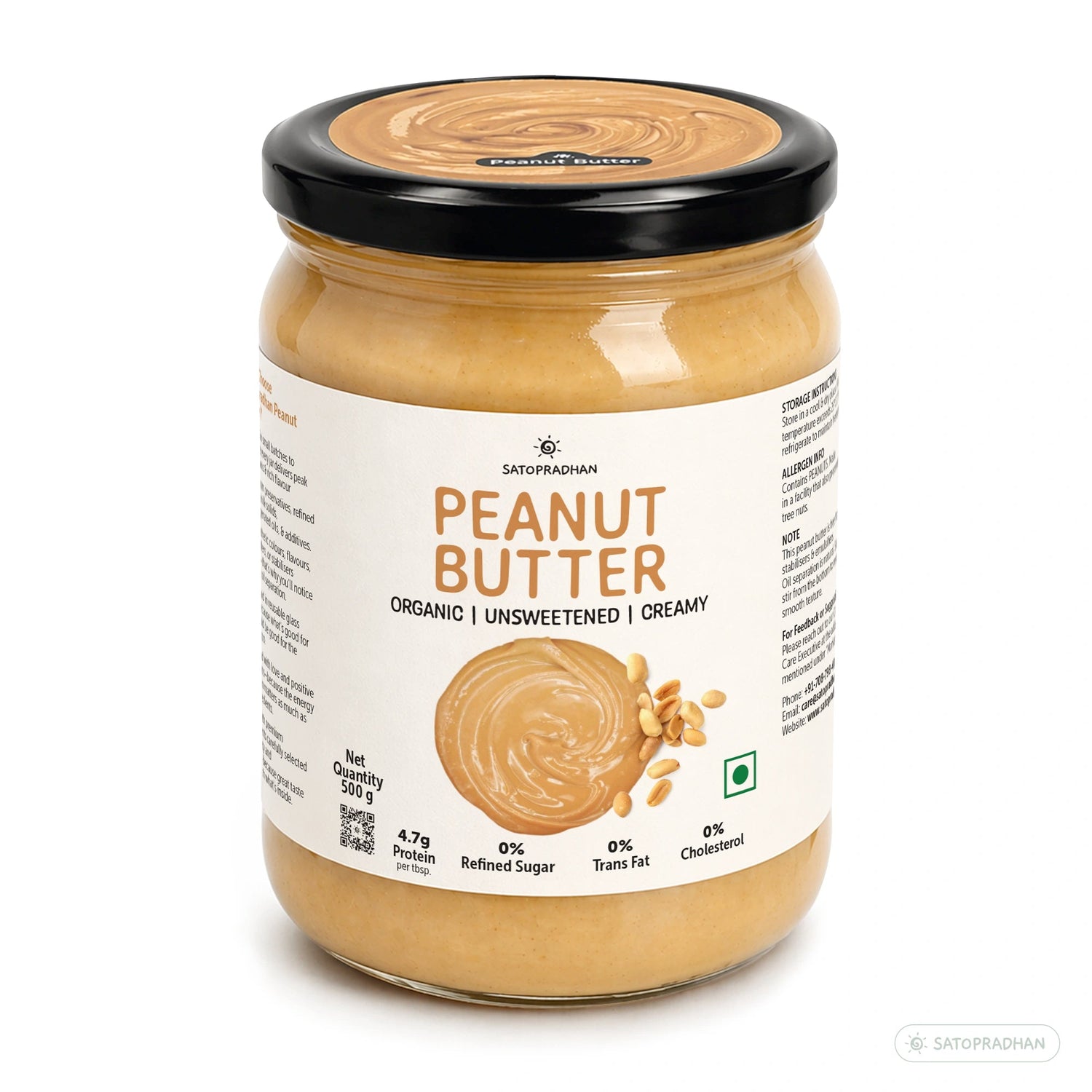 Sugar Free Plain Peanut Butter 500g – Creamy - Unsweetened - 100% Peanuts - Satopradhan
