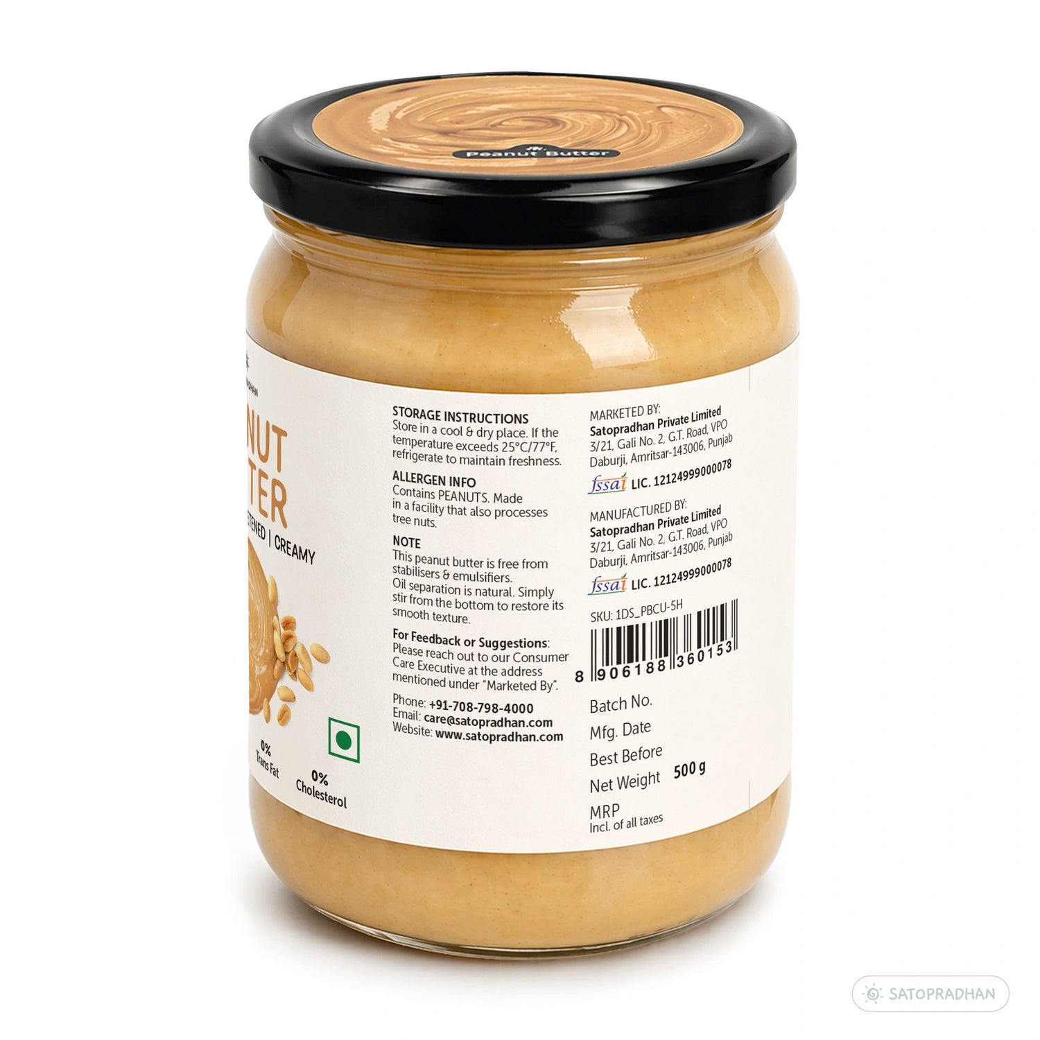 Sugar Free Plain Peanut Butter 500g – Creamy - Unsweetened - 100% Peanuts - Satopradhan