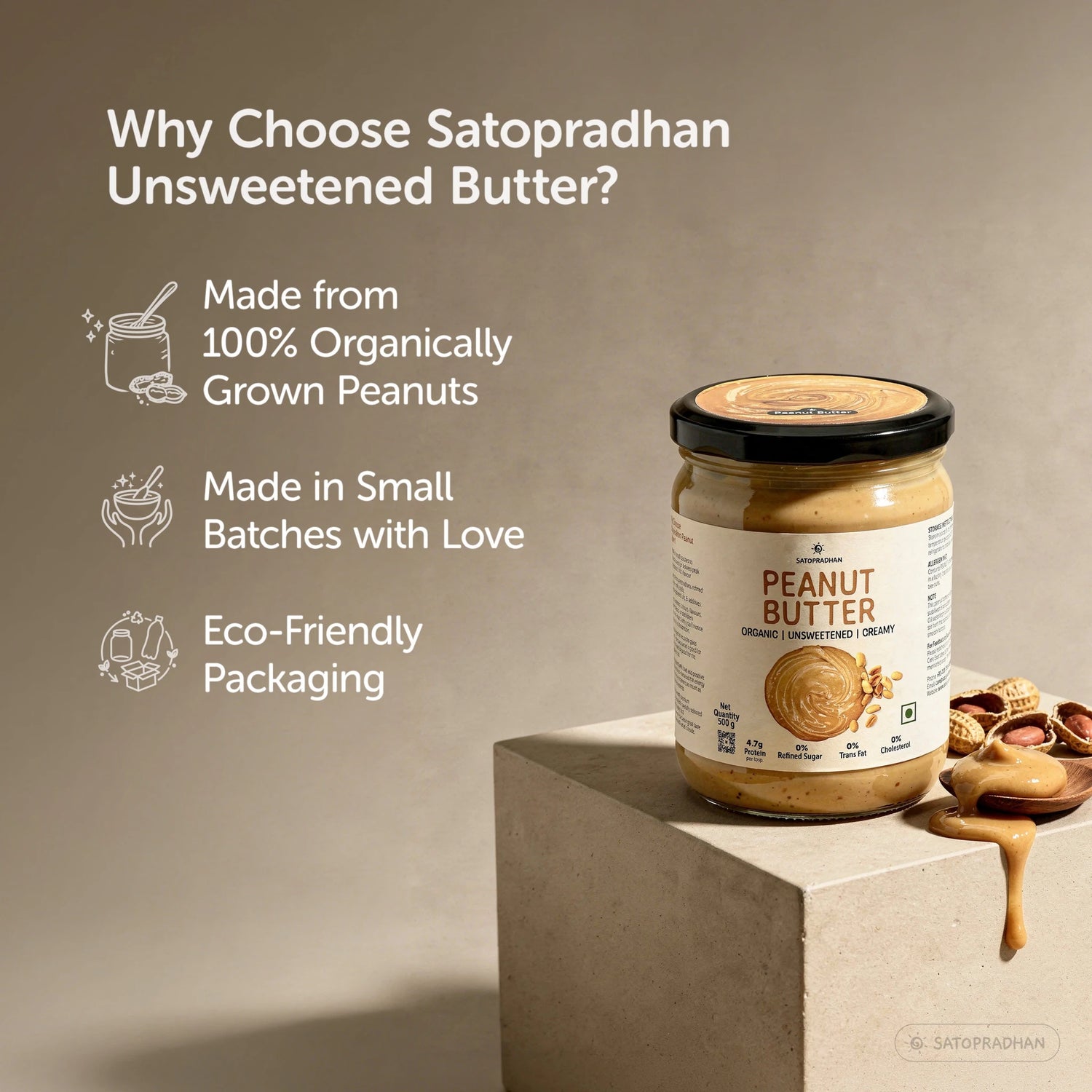 Sugar Free Plain Peanut Butter 500g – Creamy - Unsweetened - 100% Peanuts - Satopradhan