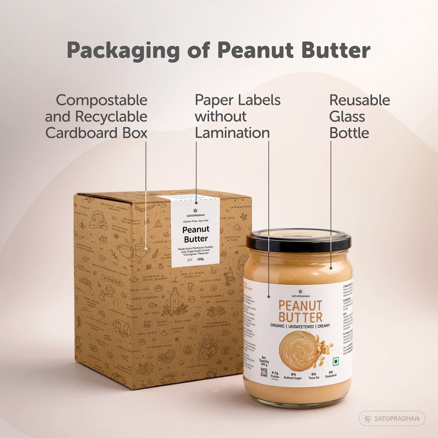 Sugar Free Plain Peanut Butter 500g – Creamy - Unsweetened - 100% Peanuts - Satopradhan