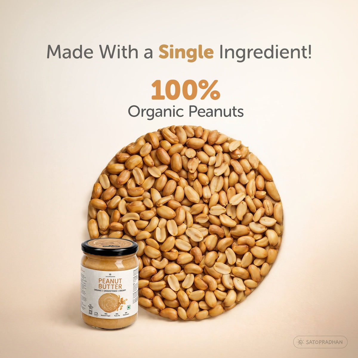 Sugar Free Plain Peanut Butter 500g – Creamy - Unsweetened - 100% Peanuts - Satopradhan