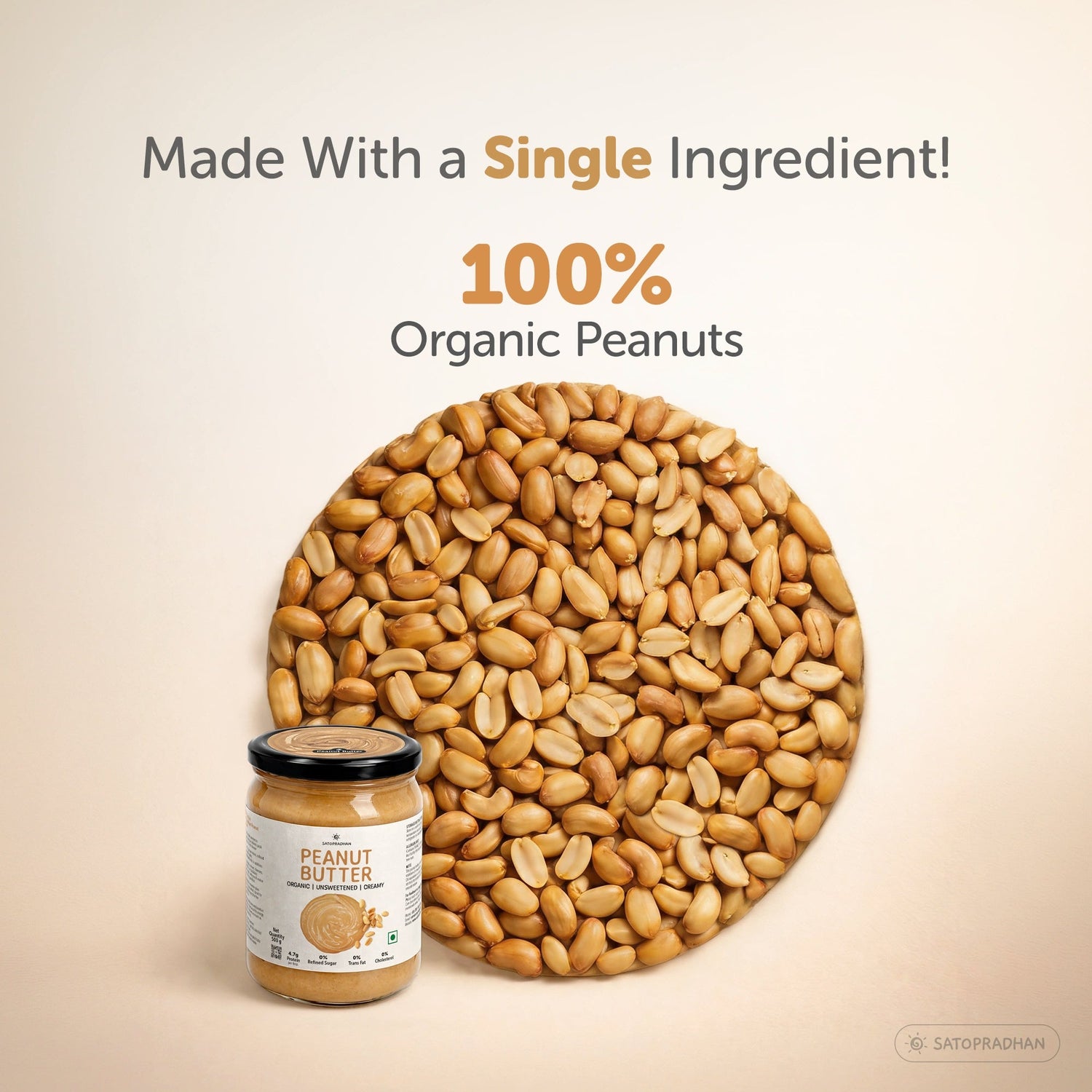 Sugar Free Plain Peanut Butter 500g – Creamy - Unsweetened - 100% Peanuts - Satopradhan