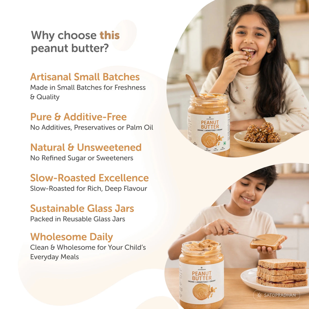 Sugar Free Plain Peanut Butter 500g – Creamy - Unsweetened - 100% Peanuts - Satopradhan
