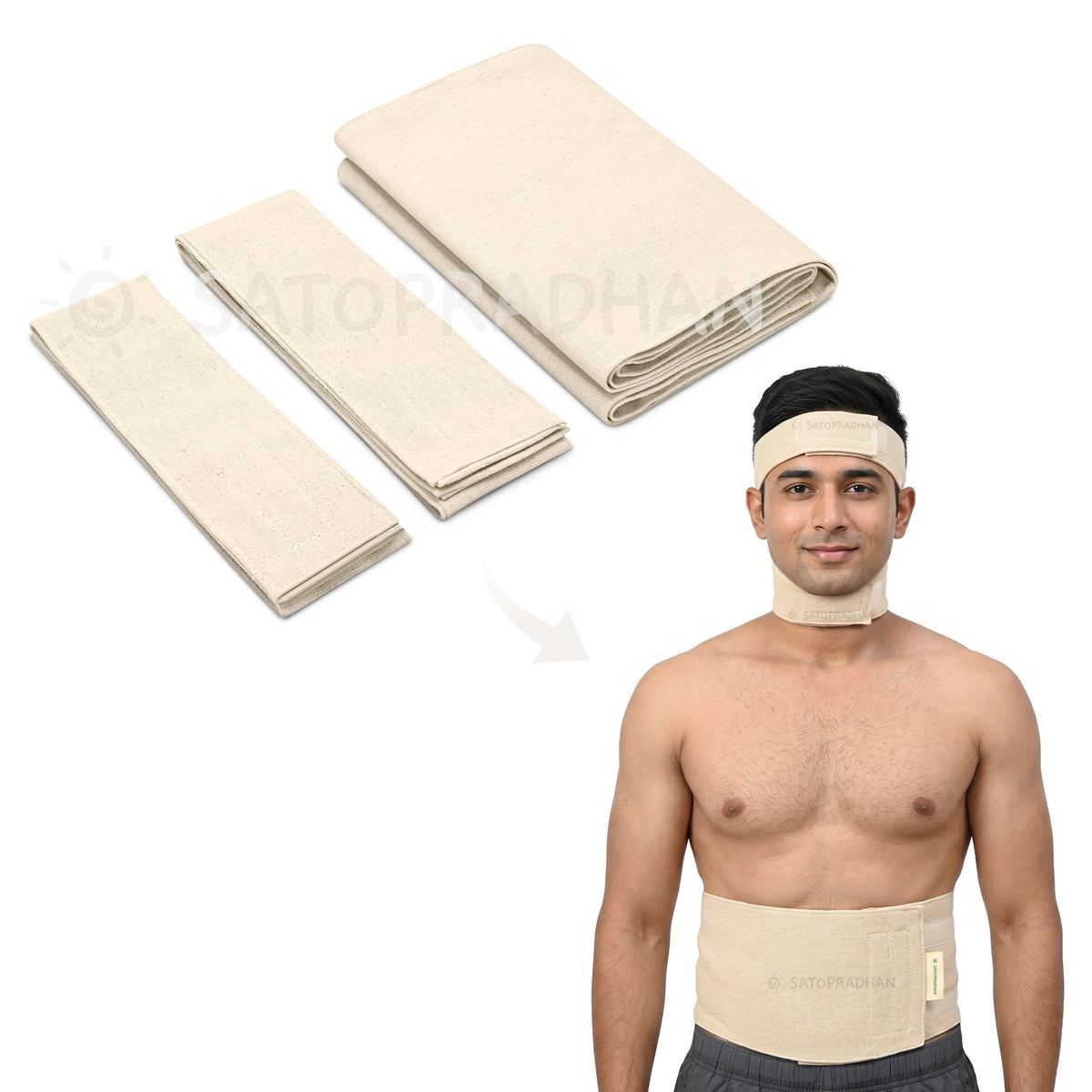 Therapeutic Cotton Cloth Wet Pack - Natural Detox and Healing - Thandi Patti for Headache, Fever, Fatigue, Sore Throat, Thyroid, Digestion, Cold - Satopradhan