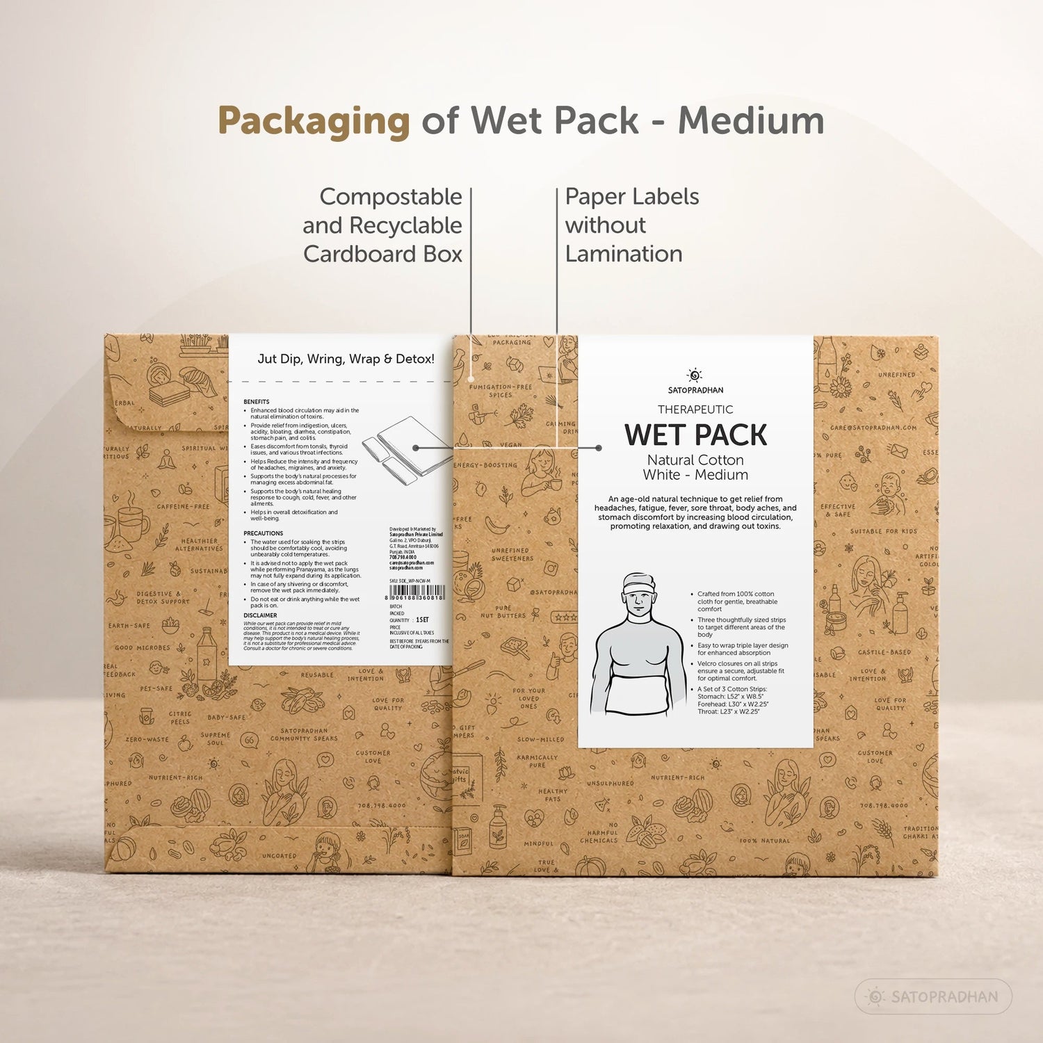 Therapeutic Cotton Cloth Wet Pack - Natural Detox and Healing - Thandi Patti for Headache, Fever, Fatigue, Sore Throat, Thyroid, Digestion, Cold - Satopradhan