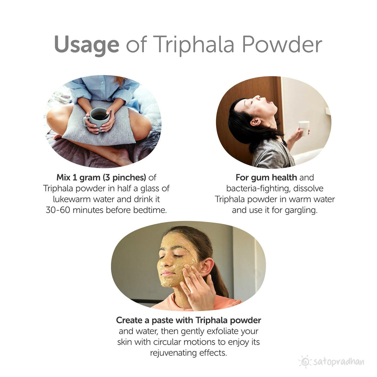Mix 1 gram (3 pinches) of
Triphala powder in half a glass of
lukewarm water and drink it
30-60 minutes before bedtime, For gum health and
bacteria-fighting, dissolve
Triphala powder in warm water
and use it for gargling, Create a paste with Triphala powder
and water, then gently exfoliate your
skin with circular motions to enjoy its
rejuvenating effects
