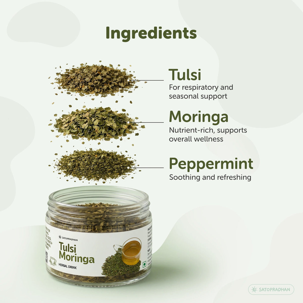 Tulsi Moringa Herbal Infusion – Caffeine-Free Loose Leaf Dried Herbal Blend with Peppermint for Immunity & Seasonal Cold, Cough Support - 25g & 150g - Satopradhan