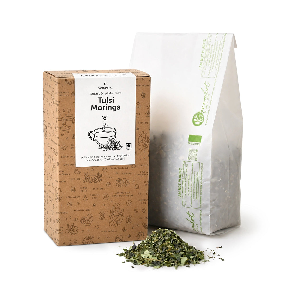Tulsi Moringa Herbal Infusion – Caffeine-Free Loose Leaf Dried Herbal Blend with Peppermint for Immunity & Seasonal Cold, Cough Support - 25g & 150g - Satopradhan