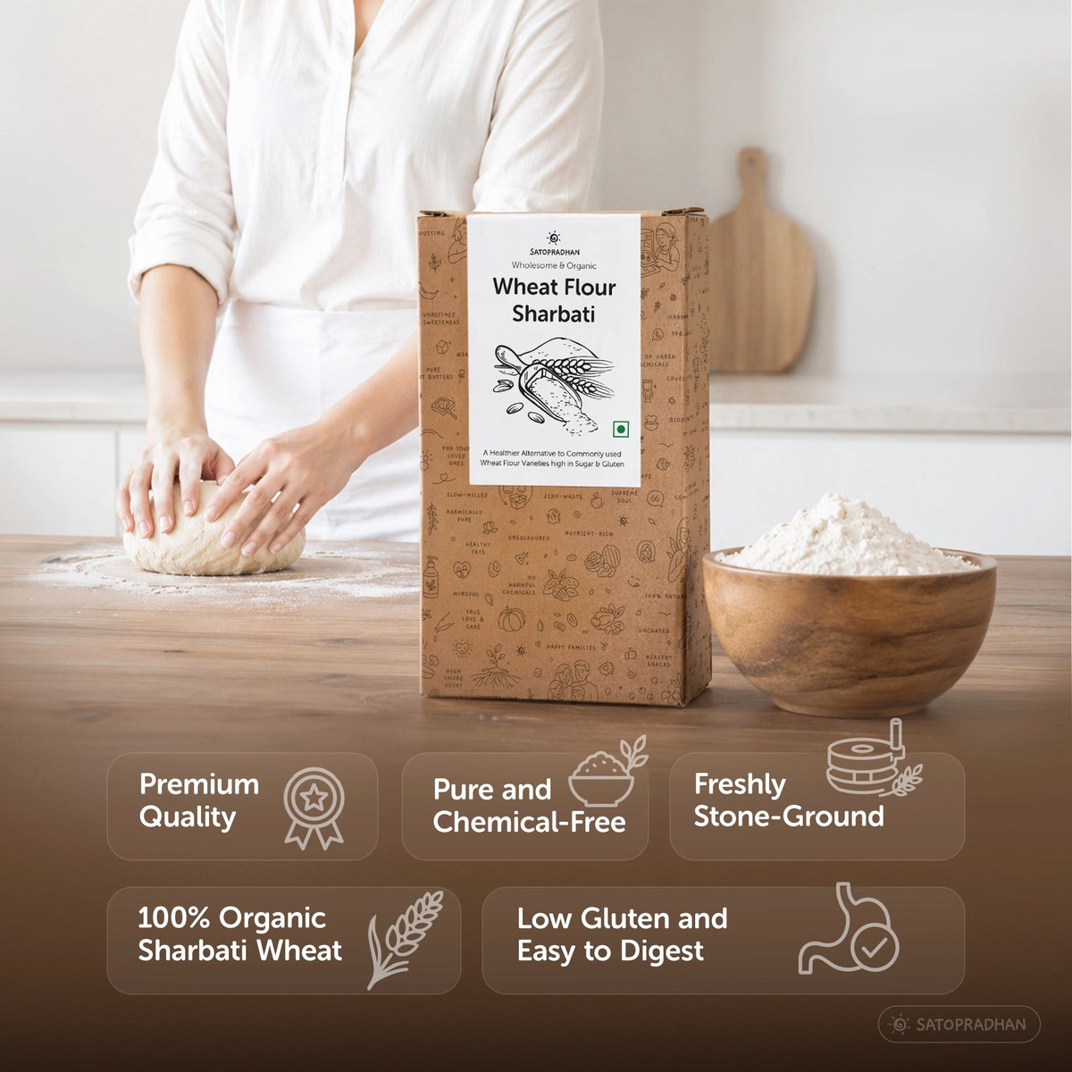 Wheat Flour Sharbati 800g/4kg - Traditionally Stone-Ground - Regional, Wholesome & Low on Gluten - Superior Quality, Organic & Unadulterated - Satopradhan