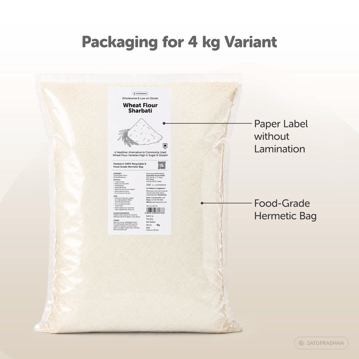Wheat Flour Sharbati 800g/4kg - Traditionally Stone-Ground - Regional, Wholesome & Low on Gluten - Superior Quality, Organic & Unadulterated - Satopradhan