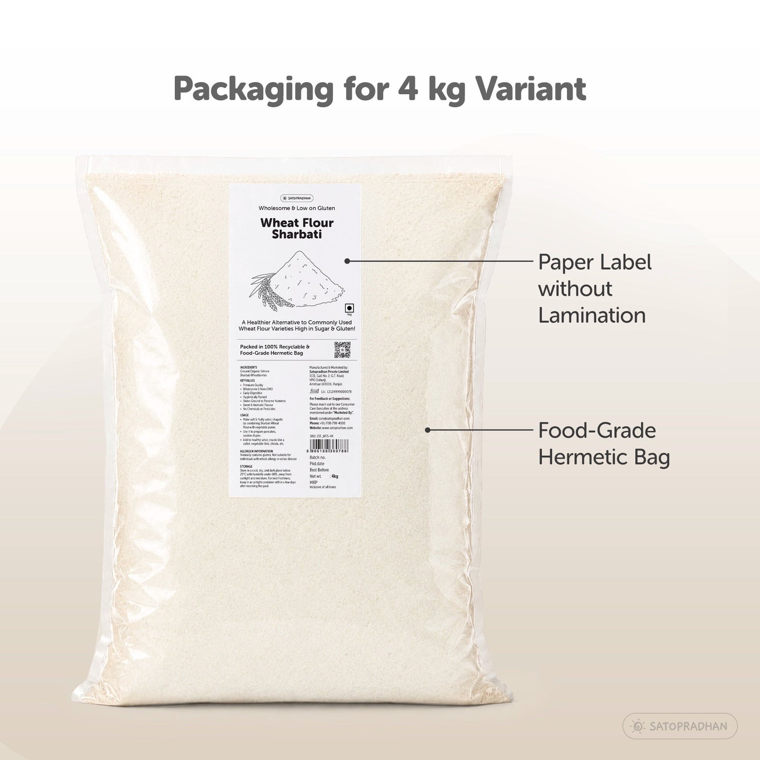 Wheat Flour Sharbati 800g/4kg - Traditionally Stone-Ground - Regional, Wholesome & Low on Gluten - Superior Quality, Organic & Unadulterated - Satopradhan