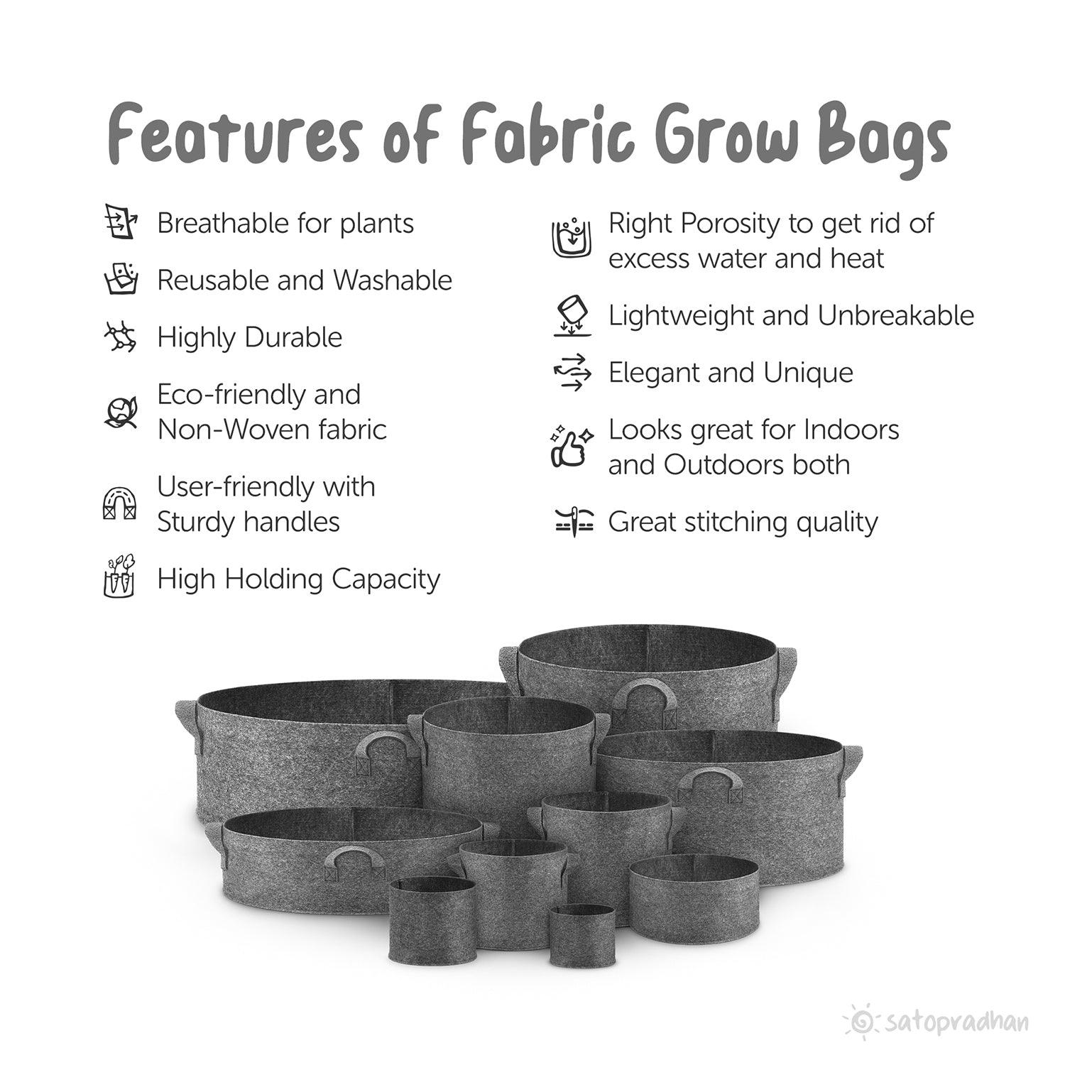 12"x11" Round Dark Grey Fabric Grow Bag-Single | Eco-friendly, Breathable, Washable & Lightweight planter made using Non-woven recyclable fabric - Satopradhan