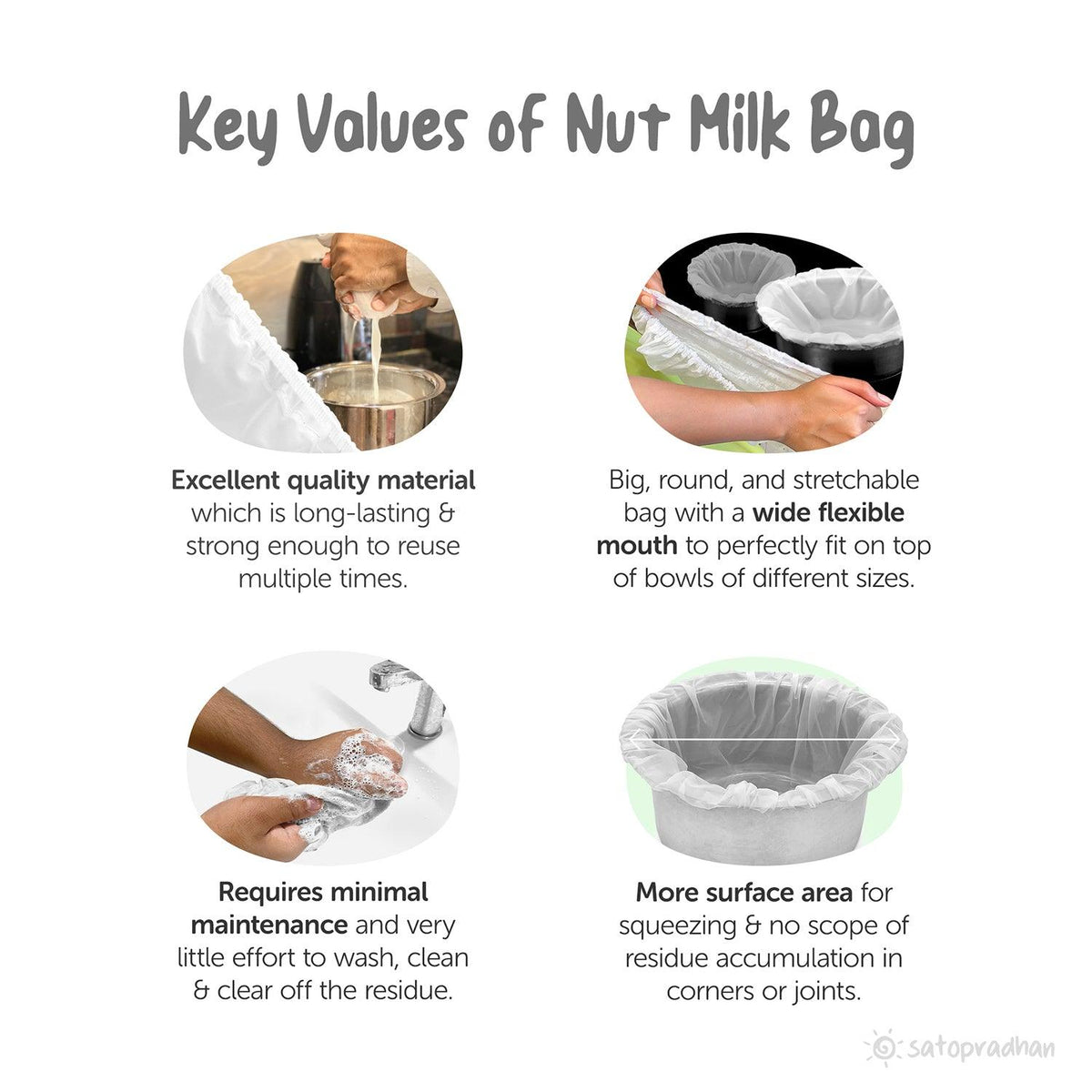 Key features of Nylon Nut Milk Bag: excellent quality material, wide flexible mouth, minimal maintenance, and more surface area for efficient straining