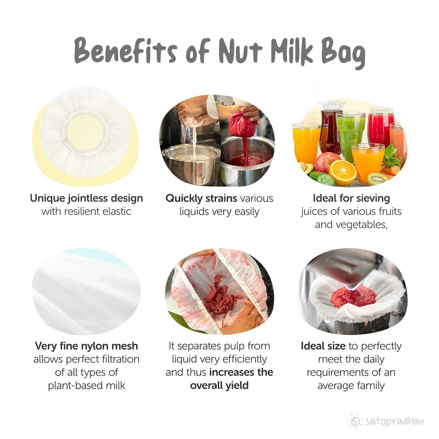 Benefits of Nylon Nut Milk Bag: unique jointless design, quick straining, fine mesh filtration, increases yield, ideal size for daily juice serving