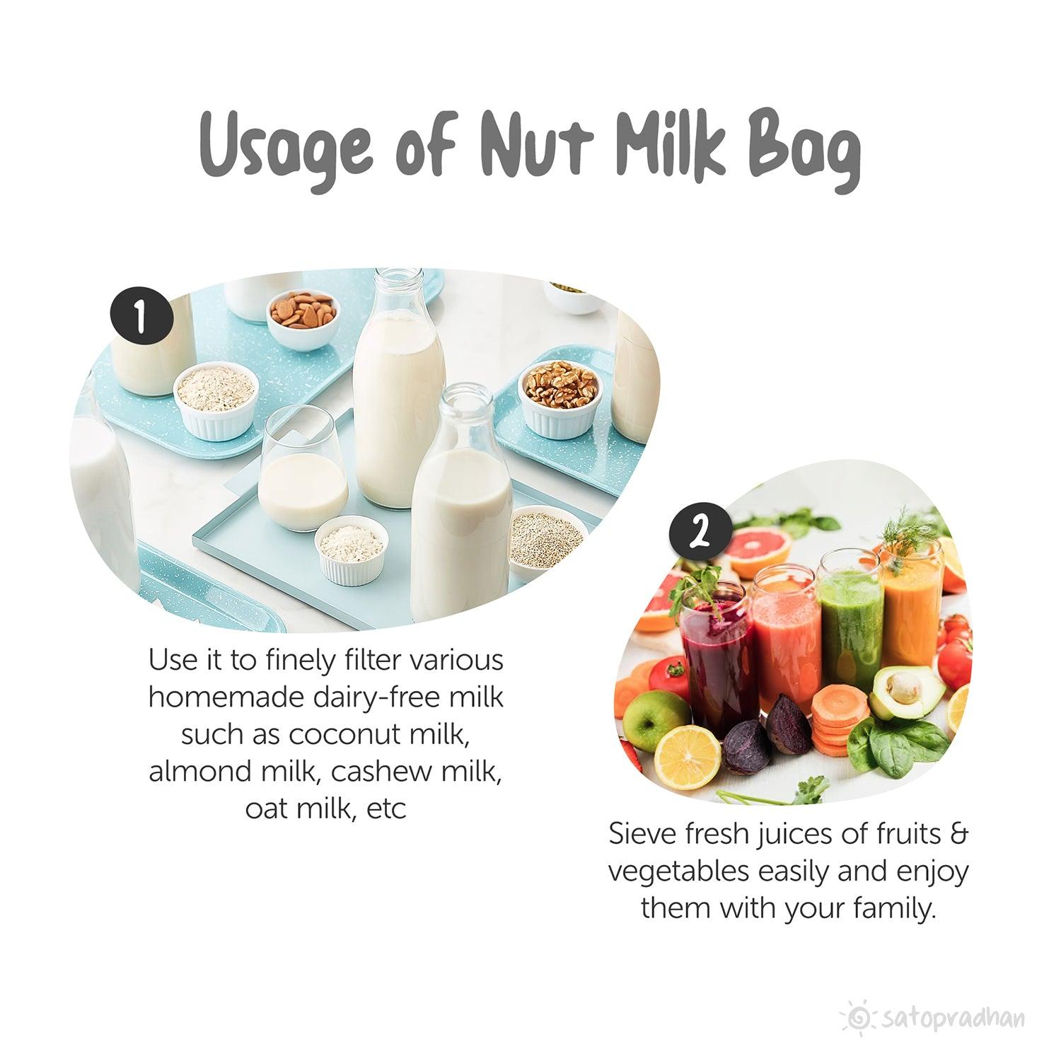 Various uses of Nylon Nut Milk Bag: filter homemade dairy-free milks (coconut, almond, cashew, oat) and sieve fresh fruit & vegetable juices